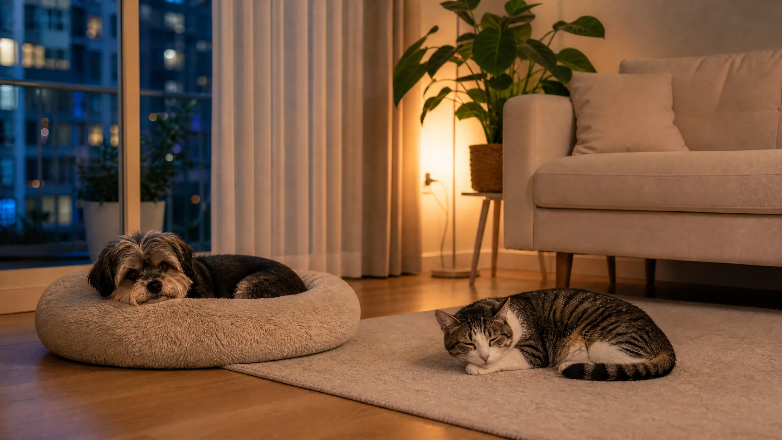 저녁에 편안히 쉬는 반려동물