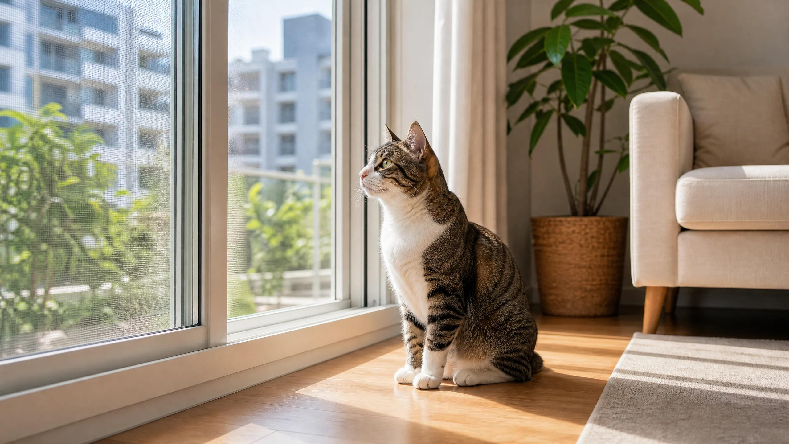 창가 안전을 확인하는 고양이